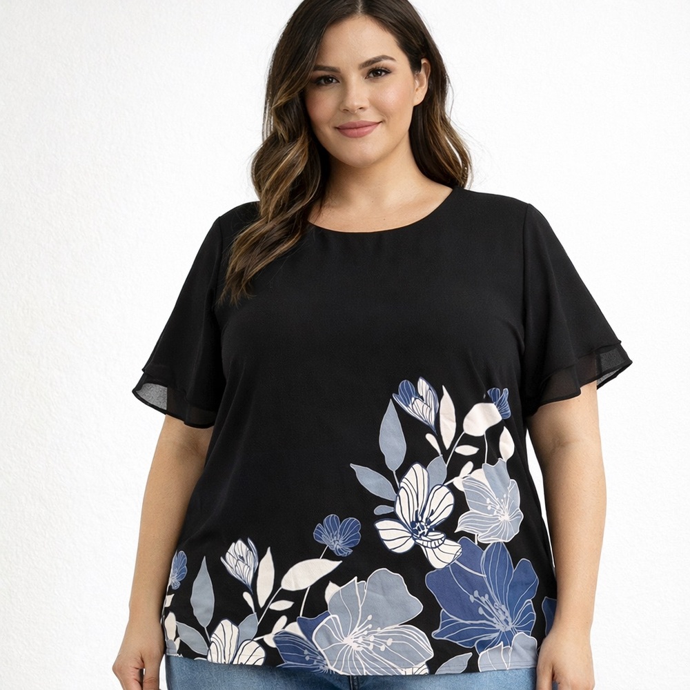 Alfani Black Floral Blouse Blue Print Short Sleeve Size 3X